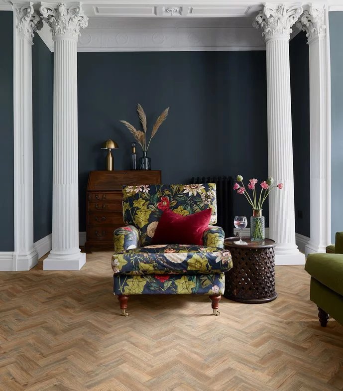 Parquet hardwood flooring with elegant herringbone pattern